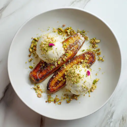 Caramelized Plantains with Pistachio Ice Cream and Nut Brittle