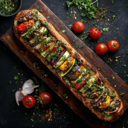 Roasted Veggie-Stuffed Baguette with Garlic Herb Glaze