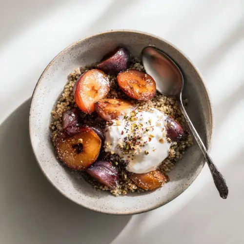 Cinnamon Quinoa Breakfast Bowl with Roasted Plums & Yogurt