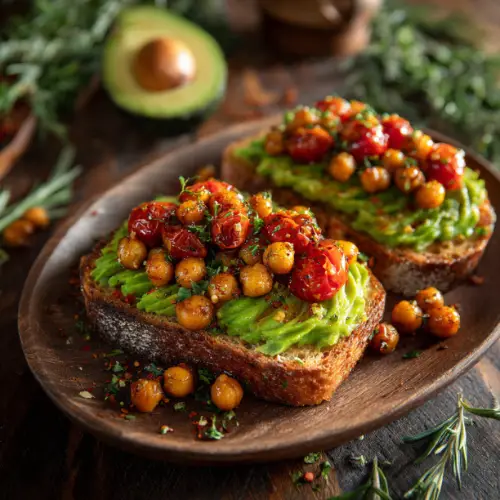 Avocado Toast with Roasted Chickpeas and Cherry Tomatoes
