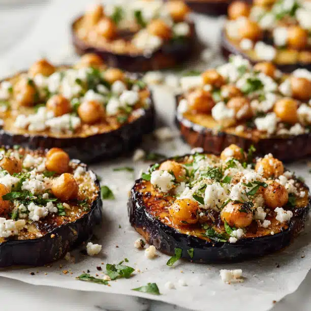 Roasted Eggplant Rounds with Feta, Chickpeas & Herbs