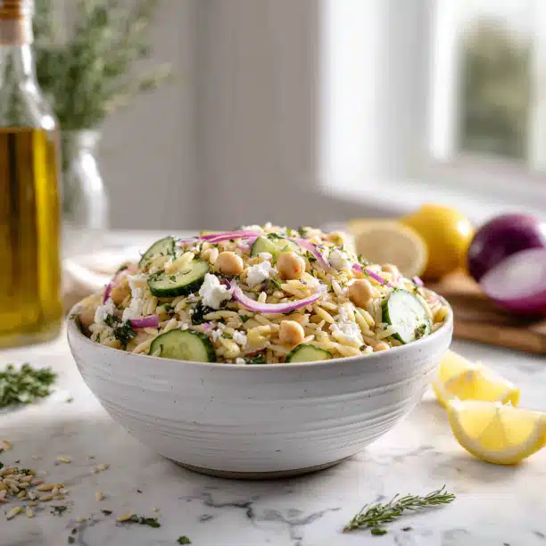 Mediterranean Orzo Salad with Chickpeas & Feta