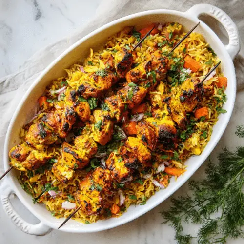 Grilled Chicken Skewers with Spiced Vegetable Rice
