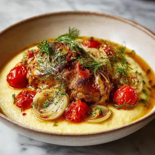 Braised Chicken Thighs with Fennel & Cherry Tomatoes over Creamy Polenta