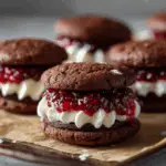 Chocolate Brownie Sandwich Cookies with Whipped Cream and Berry Compote 3 Chocolate Brownie Sandwich Cookies with Whipped Cream and Berry Compote