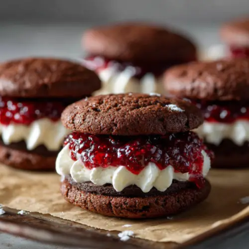 Chocolate Brownie Sandwich Cookies with Whipped Cream and Berry Compote
