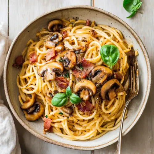 Creamy Mushroom and Crispy Pancetta Spaghetti