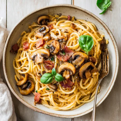 Creamy Mushroom and Crispy Pancetta Spaghetti