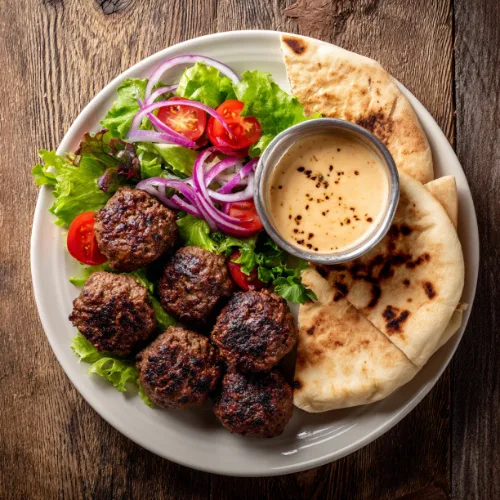Spiced Beef Kofta with Fresh Salad and Pita