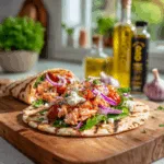 Grilled Flatbread with Spicy Salmon, Roasted Tomatoes & Feta
