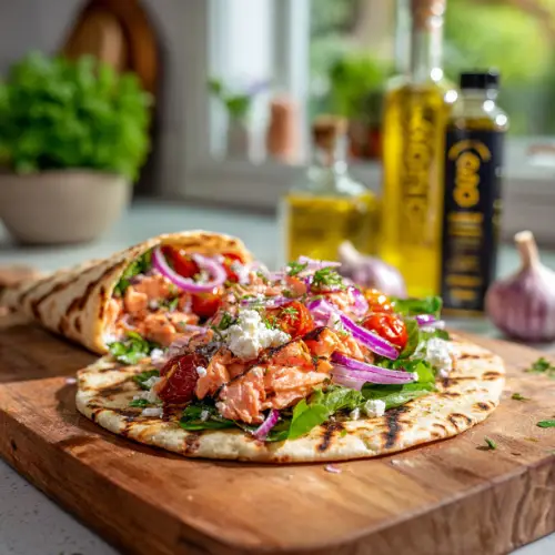 Grilled Flatbread with Spicy Salmon, Roasted Tomatoes & Feta