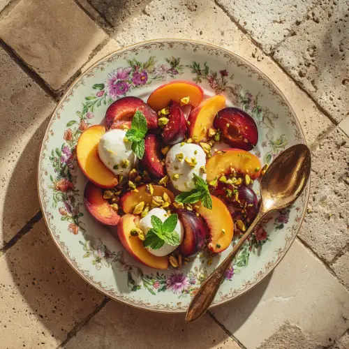 Stone Fruit Salad with Burrata, Mint & Pistachios