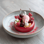Raspberry Mousse with Cherry Sorbet and Vanilla Crumble