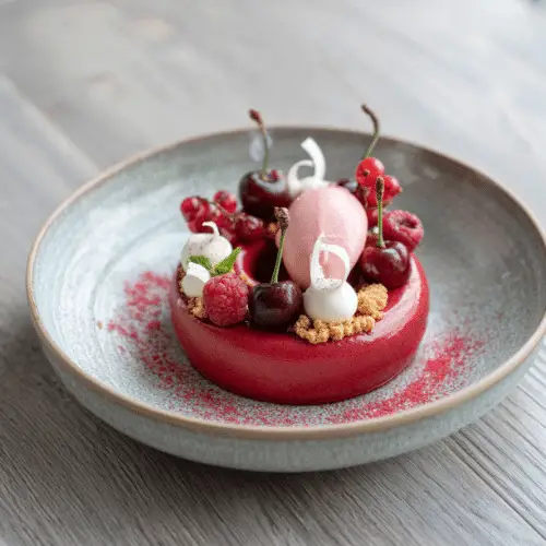 Raspberry Mousse with Cherry Sorbet and Vanilla Crumble