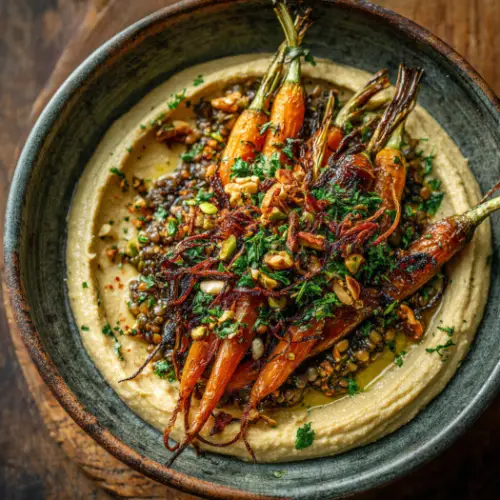 Roasted Carrot and Lentil Salad with Hummus