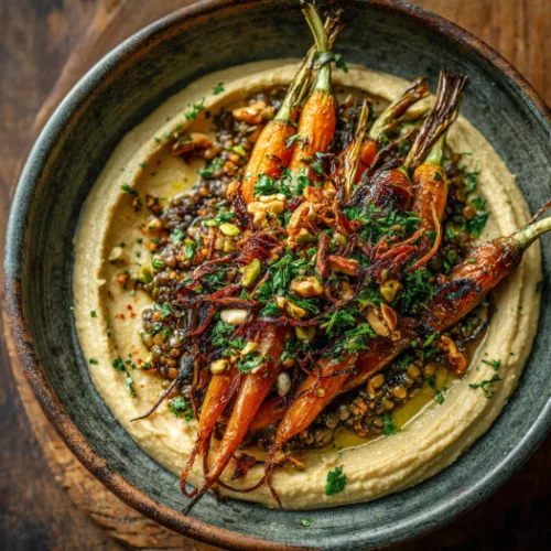 Roasted Carrot and Lentil Salad with Hummus