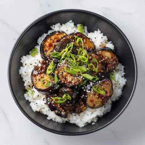 Spicy Garlic Eggplant over Steamed Rice