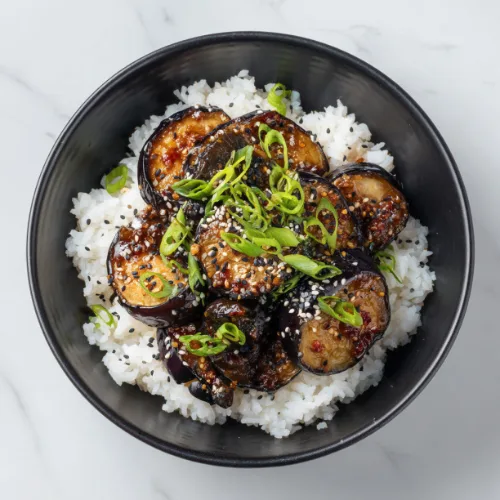 Spicy Garlic Eggplant over Steamed Rice