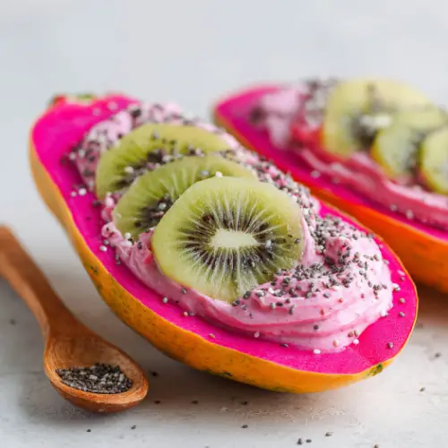 Papaya Boat with Dragon Fruit Banana Whip and Kiwi