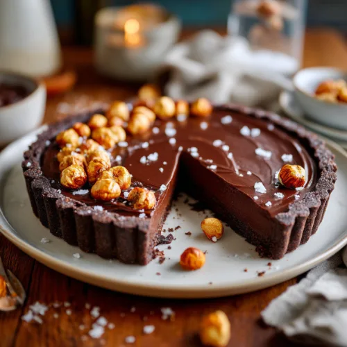 Chocolate Ganache Tart with Caramelized Hazelnuts