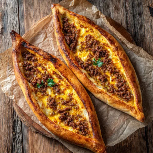 Turkish Pide with Ground Beef & Cheese