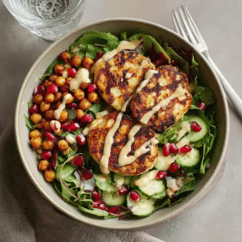 Crispy Chickpea & Halloumi Salad with Pomegranate