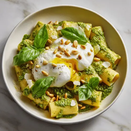 Rigatoni with Pesto, Burrata, and Toasted Pine Nuts