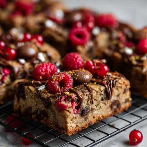 Triple Chocolate Chip Blondie Brownies with Fresh Berry Garnish