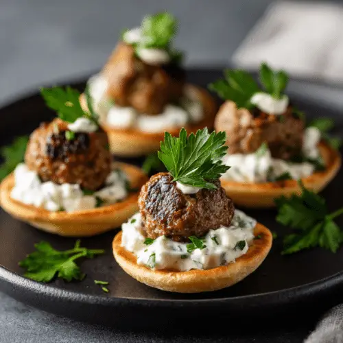 Mini Greek Meatball Bites with Tzatziki on Pita
