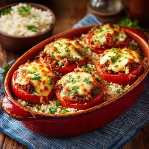 Baked Stuffed Tomatoes with Beef & Rice