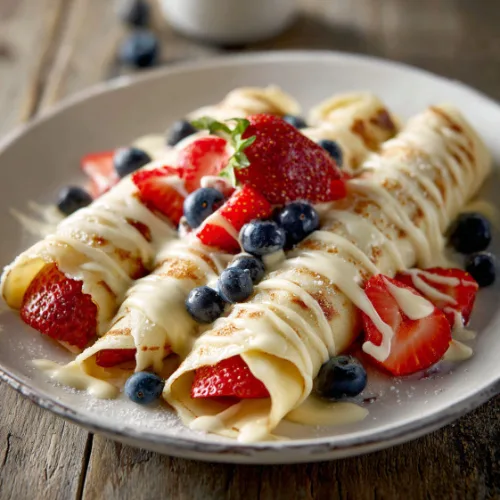 Rolled Vanilla Crepes with Fresh Berries