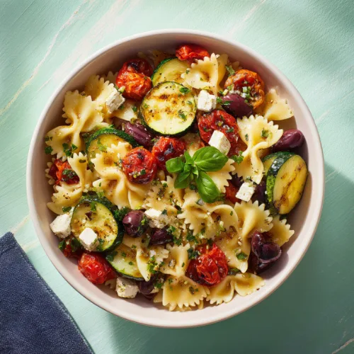 Mediterranean Bowtie Pasta Salad with Roasted Veggies & Feta