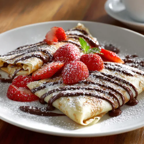 Classic French Crepes with Chocolate Drizzle and Strawberries