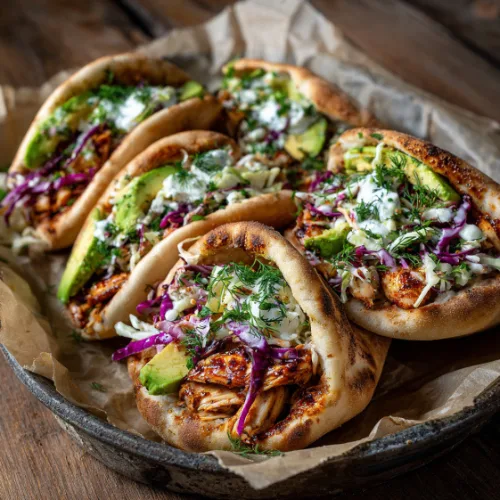 Honey Harissa Chicken Pitas with Creamy Dill Slaw
