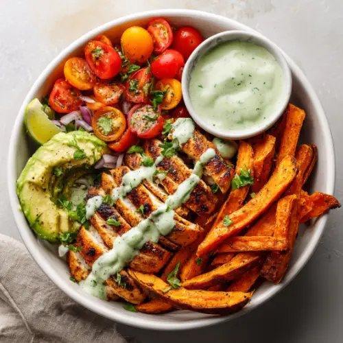 Grilled Chicken Bowl with Sweet Potato Fries & Avocado Salsa
