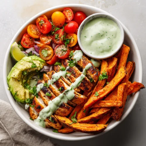 Grilled Chicken Bowl with Sweet Potato Fries & Avocado Salsa