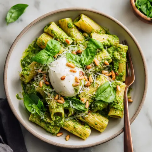 Rigatoni with Burrata, Basil Pesto & Toasted Pine Nuts