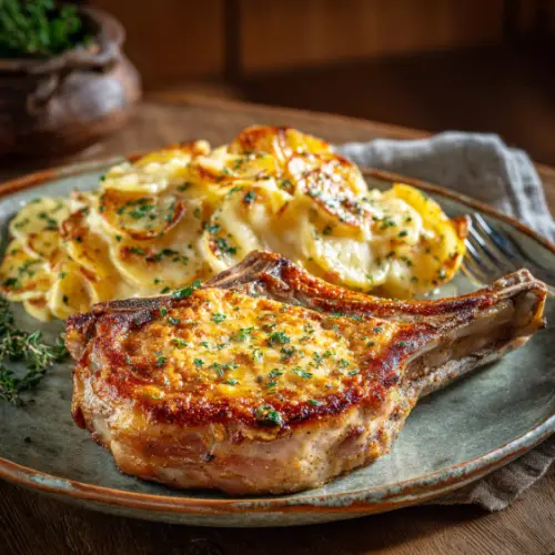 Skillet Pork Chops with Cheesy Scalloped Potatoes