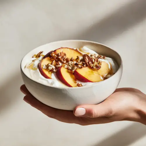 Greek Yogurt Bowl with Peaches, Honey & Pecans