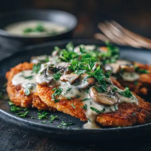 Crispy Chicken Cutlets with Creamy Garlic Mushroom Sauce