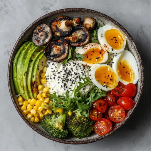 Rainbow Veggie Power Bowl with Soft-Boiled Eggs & Avocado