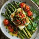 Pan-Seared Cod with Cherry Tomato Herb Sauce & Roasted Asparagus