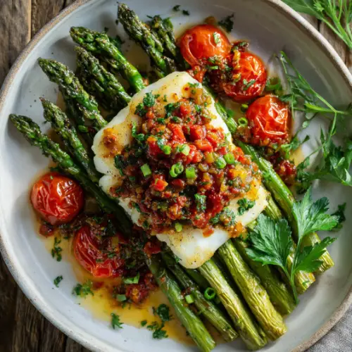 Pan-Seared Cod with Cherry Tomato Herb Sauce & Roasted Asparagus