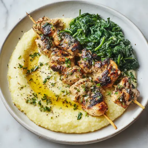 Garlic Herb Chicken Skewers with Creamy Polenta and Sautéed Spinach