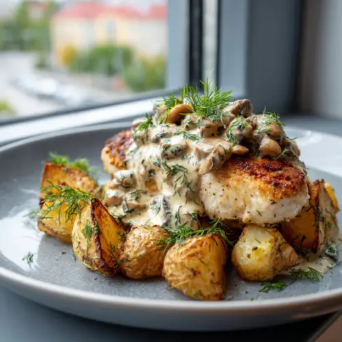 Creamy Garlic Mushroom Chicken with Herb-Roasted Potatoes