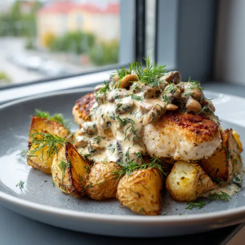 Creamy Garlic Mushroom Chicken with Herb-Roasted Potatoes