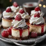 Mini Raspberry Cheesecakes with Whipped Cream & Powdered Sugar 2 Mini Raspberry Cheesecakes with Whipped Cream & Powdered Sugar