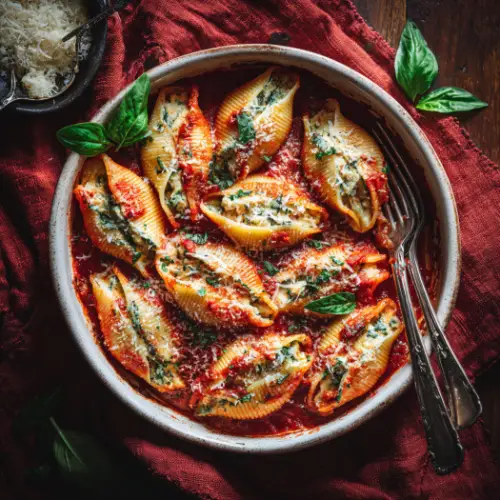 Spinach & Ricotta Stuffed Shells with Roasted Tomato Sauce