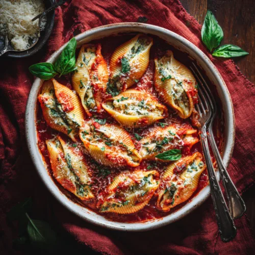 Spinach & Ricotta Stuffed Shells with Roasted Tomato Sauce