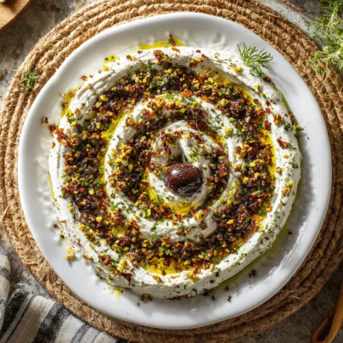 Labneh Dip with Olive-Pistachio Tapenade